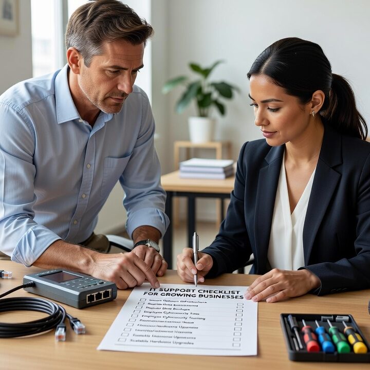 A practical IT support checklist for growing businesses covering help desk, backups, network reliability, cybersecurity, and disaster recovery planning.
