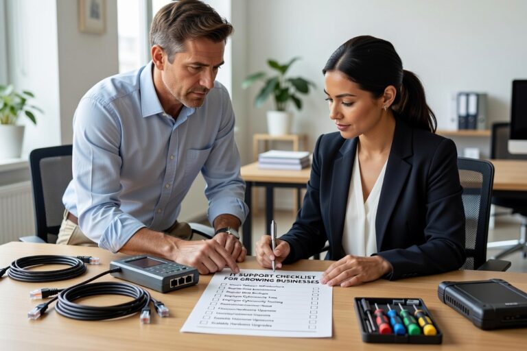 IT Support Checklist for Growing Businesses Featured Image A practical IT support checklist for growing businesses covering help desk, backups, network reliability, cybersecurity, and disaster recovery planning.