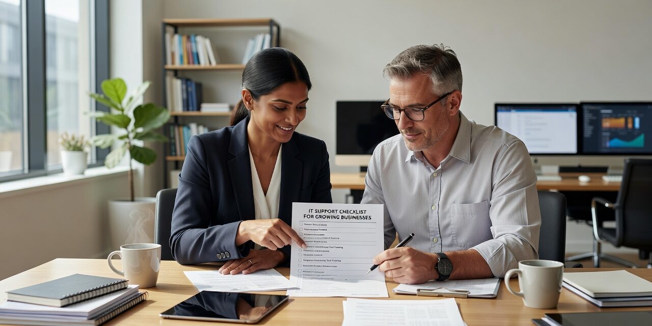 IT Support Checklist for Growing Businesses Featured Image A practical IT support checklist for growing businesses covering network health, cybersecurity, Microsoft 365, help desk quality, and backup readiness.
