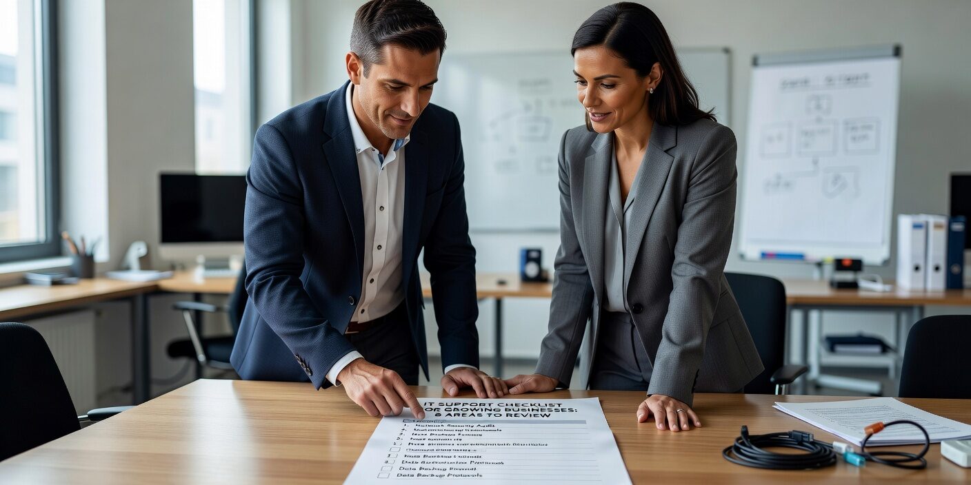 Essential IT support checklist for growing businesses covering cybersecurity, network reliability, backup strategies, and help desk support requirements.