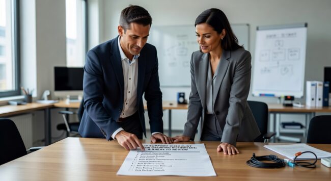 Essential IT support checklist for growing businesses covering cybersecurity, network reliability, backup strategies, and help desk support requirements.