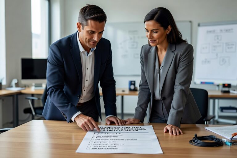 IT Support Checklist for Growing Businesses: 8 Areas to Review Featured Image Essential IT support checklist for growing businesses covering cybersecurity, network reliability, backup strategies, and help desk support requirements.