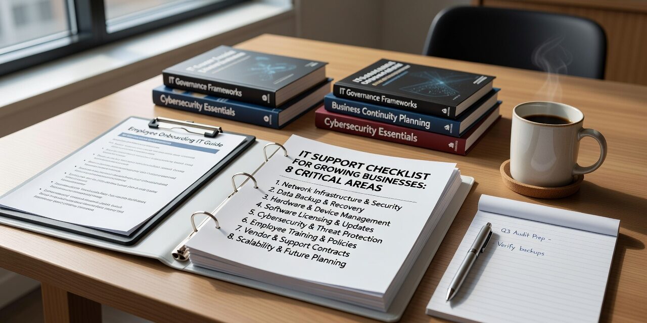 Essential IT support checklist for growing businesses covering network reliability, cybersecurity, backup planning, help desk performance, and vendor management.