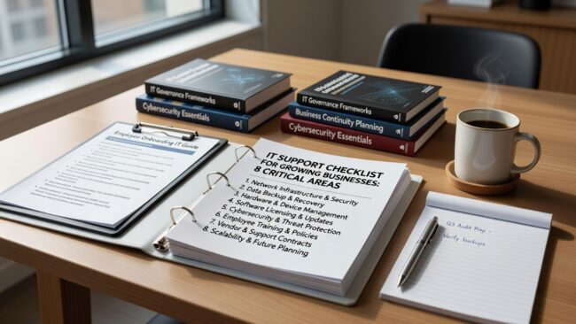 Essential IT support checklist for growing businesses covering network reliability, cybersecurity, backup planning, help desk performance, and vendor management.
