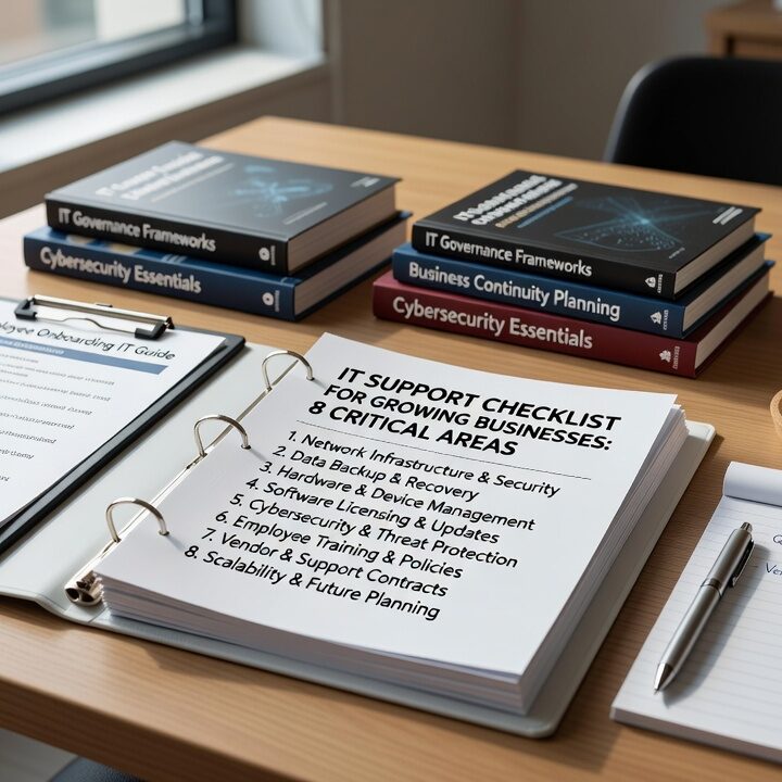 Essential IT support checklist for growing businesses covering network reliability, cybersecurity, backup planning, help desk performance, and vendor management.