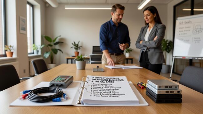 Essential IT support checklist for growing businesses covering infrastructure, security, backups, help desk, and user management requirements.