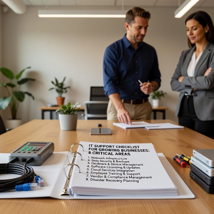 Essential IT support checklist for growing businesses covering infrastructure, security, backups, help desk, and user management requirements.