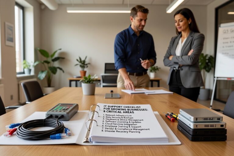 Essential IT support checklist for growing businesses covering infrastructure, security, backups, help desk, and user management requirements.