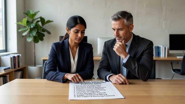 Essential IT support checklist for growing businesses. Key areas to evaluate: response times, proactive monitoring, escalation, backups, and scalability.