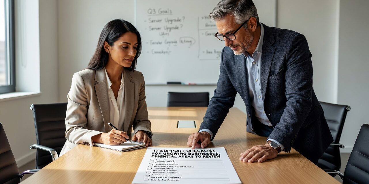 IT Support Checklist for Growing Businesses: Essential Areas to Review Featured Image Practical IT support checklist for growing businesses covering help desk, network monitoring, security, backups, and vendor management to prevent downtime.