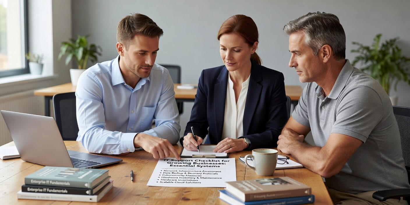 Essential IT support checklist for growing businesses. Covers user management, network security, help desk operations, data protection, and compliance requirements.