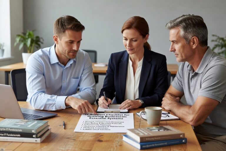 IT Support Checklist for Growing Businesses: Essential Systems Featured Image Essential IT support checklist for growing businesses. Covers user management, network security, help desk operations, data protection, and compliance requirements.