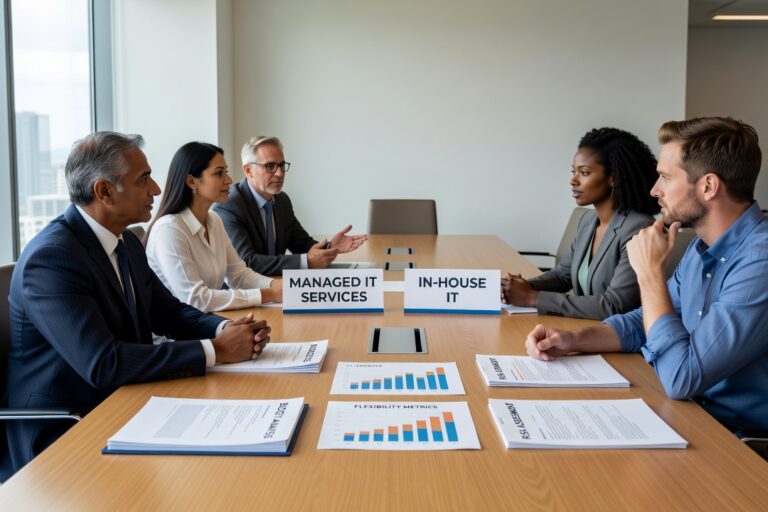Managed IT Services vs In House IT: Budget, Risk, and Flexibility Featured Image Compare managed IT services vs in house IT staff. Learn the real costs, risks, and flexibility differences to make the right choice for your growing business.