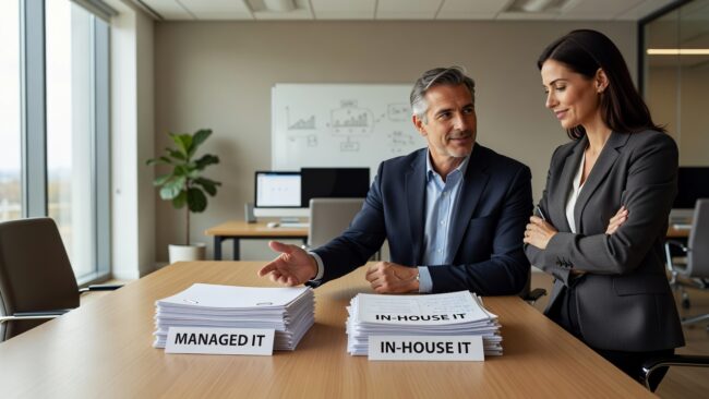 Managed IT vs In-House IT: Cost, Control, and Peace of Mind Featured Image Comparing managed IT services vs in-house IT? Here's a practical breakdown of cost, coverage, and control to help you decide what fits your business.