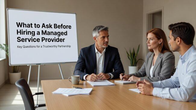 Essential questions to ask before hiring a managed service provider. Learn what to evaluate about SLAs, security, monitoring, and support.