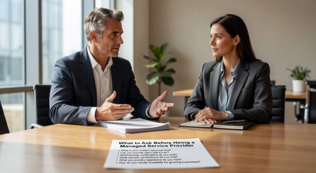 Essential questions to ask before hiring a managed service provider. Get clear answers on SLAs, security, pricing, and service scope to choose the right IT partner.