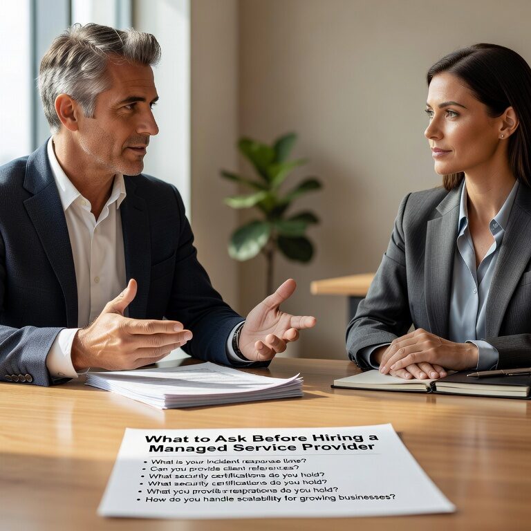 Essential questions to ask before hiring a managed service provider. Get clear answers on SLAs, security, pricing, and service scope to choose the right IT partner.