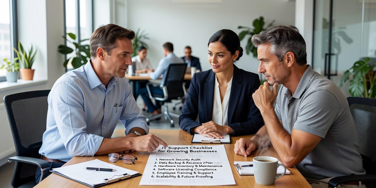 IT Support Checklist for Growing Businesses Featured Image A practical IT support checklist for growing businesses covering backups, help desk, Microsoft 365, network reliability, and annual review priorities.