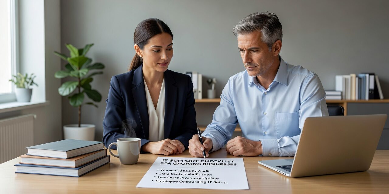 IT Support Checklist for Growing Businesses Featured Image A practical IT support checklist for growing businesses — covering backups, access controls, network reliability, and cost visibility.