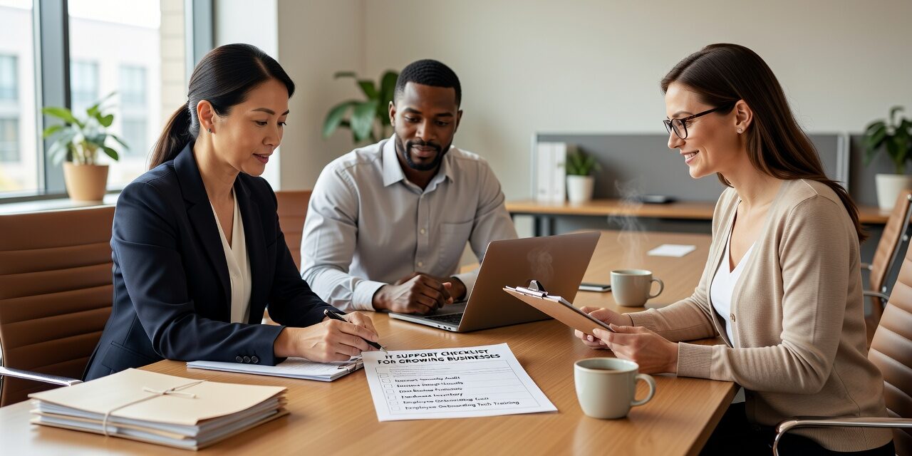 IT Support Checklist for Growing Businesses Featured Image A practical IT support checklist for growing businesses—covering help desk, backups, access management, and cybersecurity basics every leader should review.