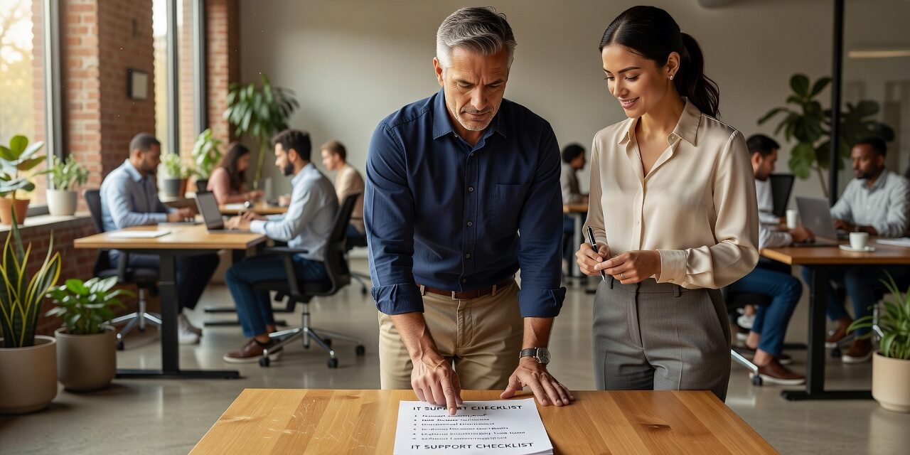 IT Support Checklist for Growing Businesses Featured Image A practical IT support checklist for growing businesses — covering help desk, backups, network health, cybersecurity, and Microsoft 365 gaps.