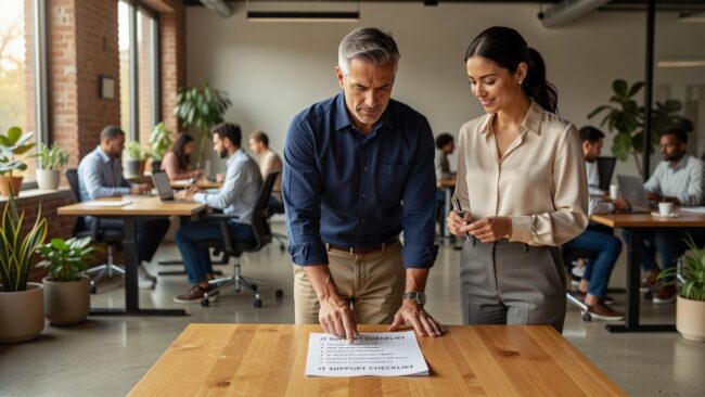 IT Support Checklist for Growing Businesses Featured Image A practical IT support checklist for growing businesses — covering help desk, backups, network health, cybersecurity, and Microsoft 365 gaps.