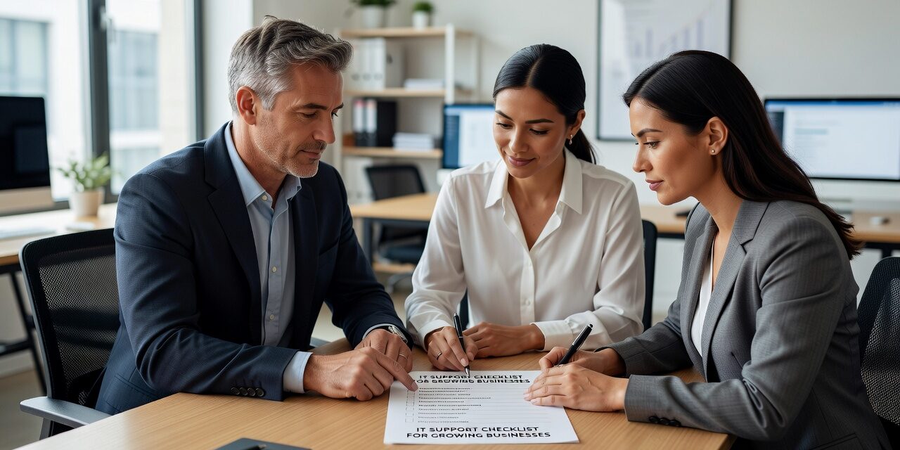 A practical IT support checklist for growing businesses covering help desk, network uptime, backups, cybersecurity basics, and annual technology planning.