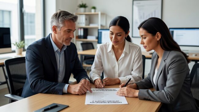 IT Support Checklist for Growing Businesses Featured Image A practical IT support checklist for growing businesses covering help desk, network uptime, backups, cybersecurity basics, and annual technology planning.