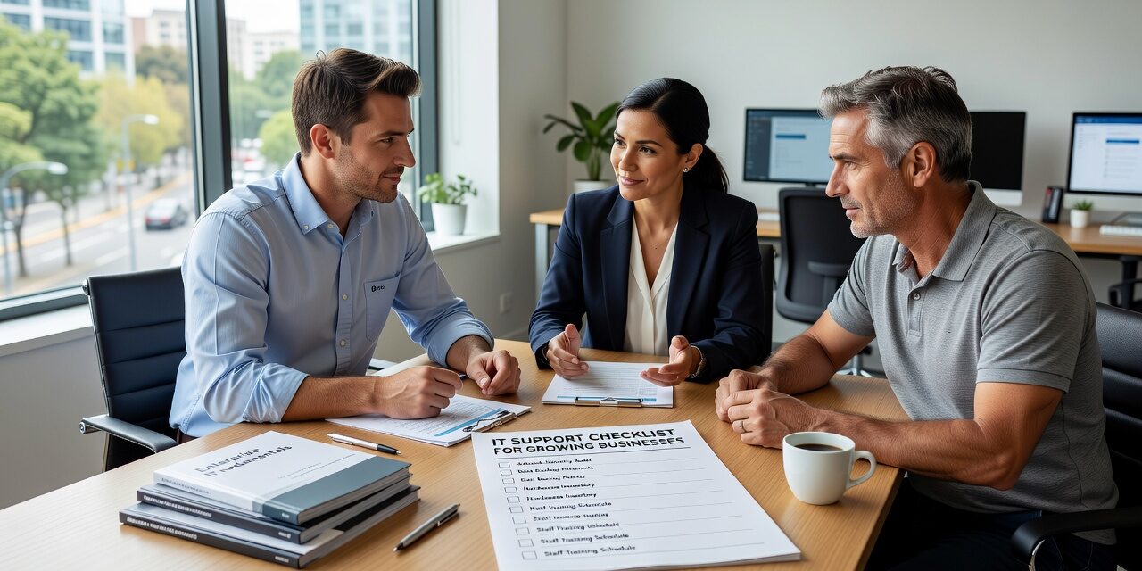 IT Support Checklist for Growing Businesses Featured Image A practical IT support checklist for growing businesses covering help desk, backups, cybersecurity, network reliability, and disaster recovery planning.