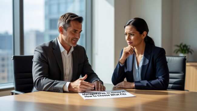 Managed IT vs. In-House IT: How to Choose What Fits Featured Image Weighing managed IT services vs. in-house IT? This guide covers real costs, coverage gaps, and how to decide what fits your growing business.