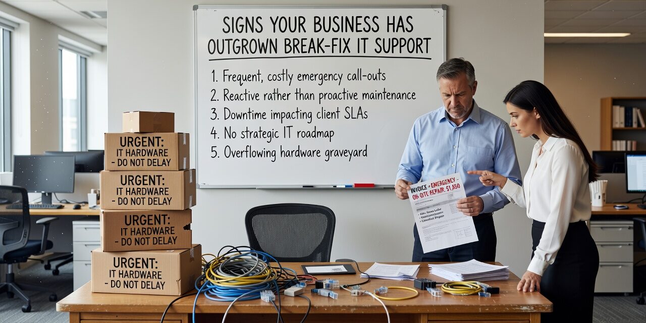 Signs Your Business Has Outgrown Break-Fix IT Support Featured Image Recurring IT issues, unpredictable bills, and slow response times are signs your business has outgrown break-fix IT support. Here is how to tell.
