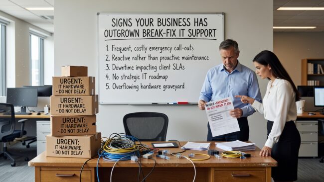 Signs Your Business Has Outgrown Break-Fix IT Support Featured Image Recurring IT issues, unpredictable bills, and slow response times are signs your business has outgrown break-fix IT support. Here is how to tell.