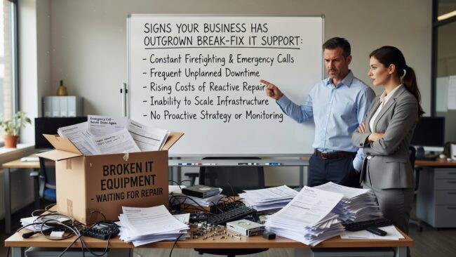 Recognize the signs your business has outgrown break-fix IT support — recurring downtime, unpredictable costs, and gaps that grow with your team.
