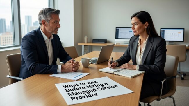 What to Ask Before Hiring a Managed Service Provider Featured Image Know what to ask before hiring a managed service provider. Practical questions on response times, onboarding, security, and contract terms for business leaders.