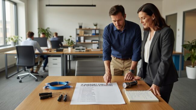IT Support Checklist for Growing Businesses Featured Image Use this practical IT support checklist for growing businesses to find gaps in security, backup, help desk, and infrastructure before they cause downtime.
