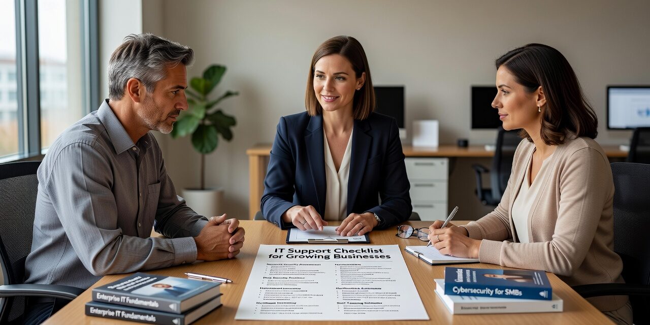 IT Support Checklist for Growing Businesses Featured Image Use this IT support checklist for growing businesses to spot help desk gaps, network risks, backup failures, and planning blind spots before they cause downtime.