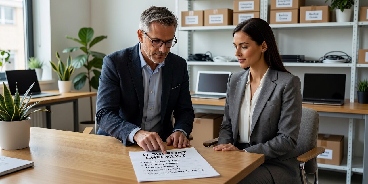 A practical IT support checklist for growing businesses covering help desk, cybersecurity, backups, network reliability, and technology planning.