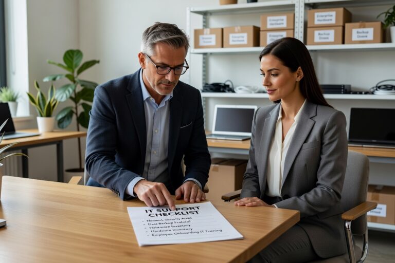 A practical IT support checklist for growing businesses covering help desk, cybersecurity, backups, network reliability, and technology planning.