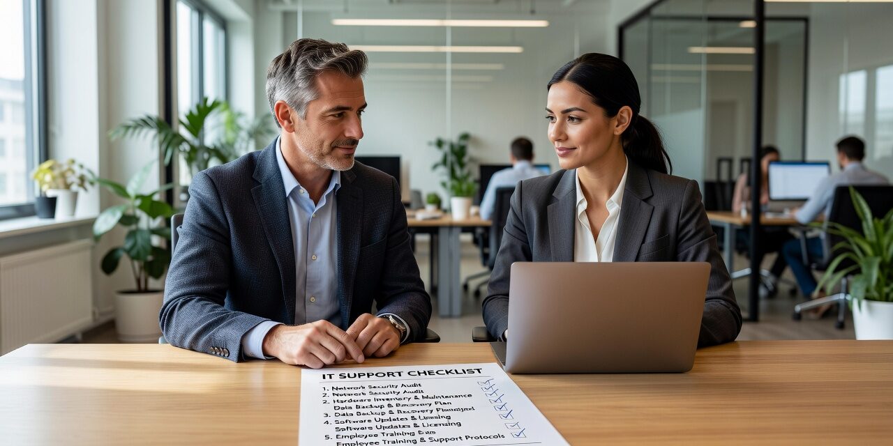 A practical IT support checklist for growing businesses covering network reliability, backups, cybersecurity, help desk, and vendor management.