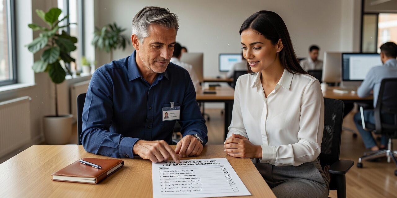 IT Support Checklist for Growing Businesses Featured Image A practical IT support checklist for growing businesses covering help desk, security, backups, network reliability, and vendor management.