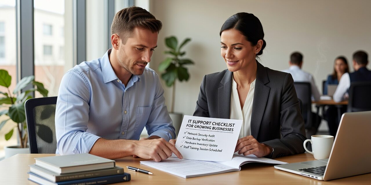 IT Support Checklist for Growing Businesses Featured Image A practical IT support checklist for growing businesses covering help desk, security, backups, network reliability, and vendor documentation gaps.