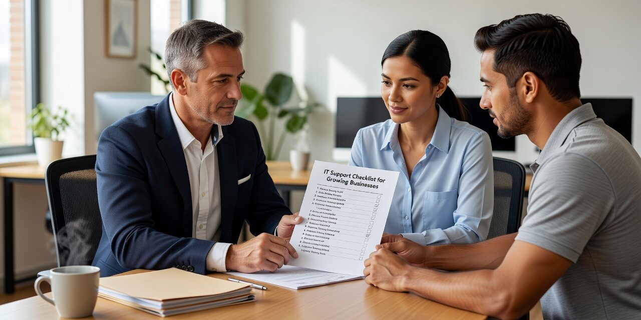 IT Support Checklist for Growing Businesses Featured Image A practical IT support checklist for growing businesses covering help desk, network reliability, cybersecurity basics, and cloud app management.