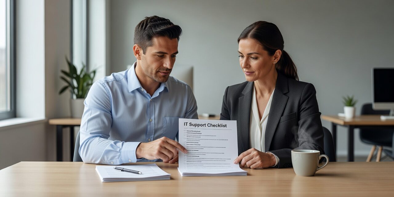 IT Support Checklist for Growing Businesses Featured Image A practical IT support checklist for growing businesses covering help desk, backups, network reliability, cybersecurity, and vendor accountability.