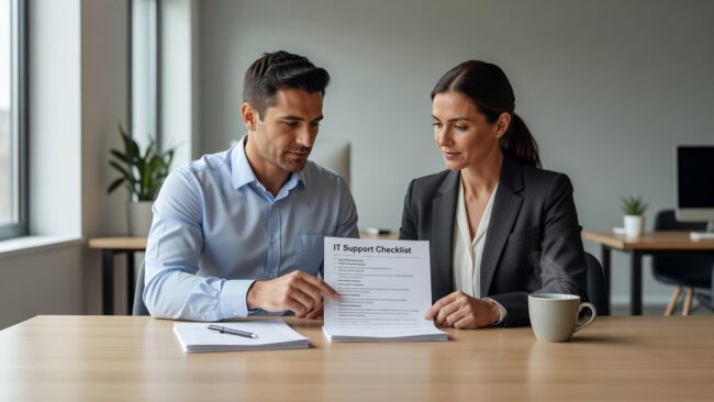 IT Support Checklist for Growing Businesses Featured Image A practical IT support checklist for growing businesses covering help desk, backups, network reliability, cybersecurity, and vendor accountability.
