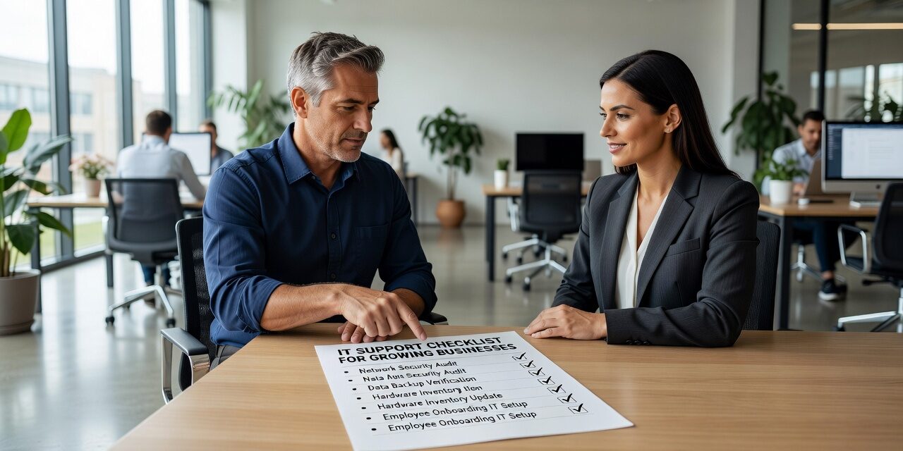 IT Support Checklist for Growing Businesses Featured Image A practical IT support checklist for growing businesses covering devices, backups, security, Microsoft 365, and help desk planning.