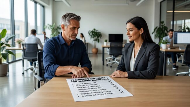 IT Support Checklist for Growing Businesses Featured Image A practical IT support checklist for growing businesses covering devices, backups, security, Microsoft 365, and help desk planning.