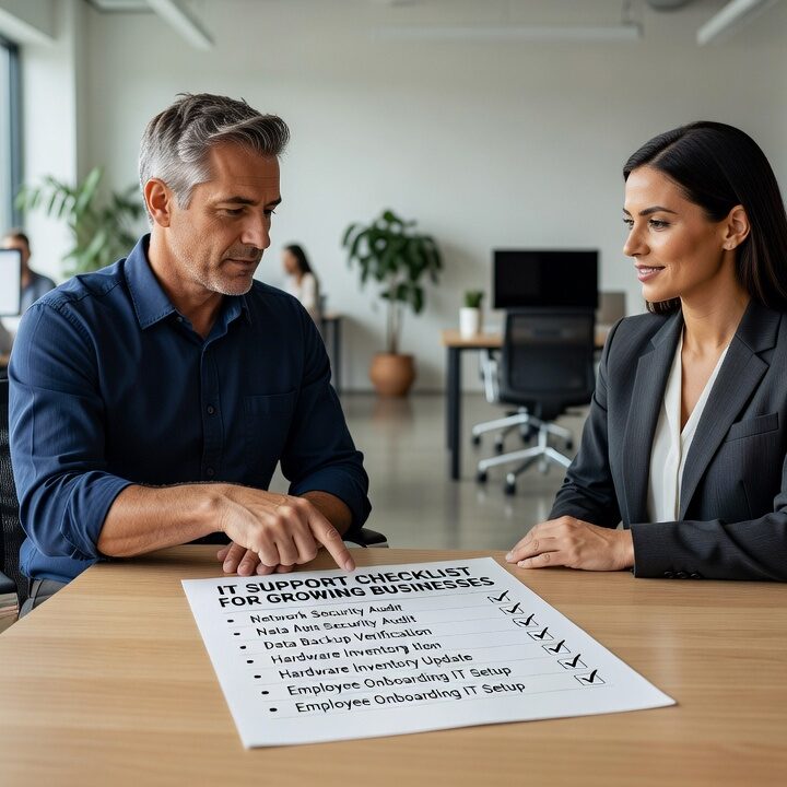 A practical IT support checklist for growing businesses covering devices, backups, security, Microsoft 365, and help desk planning.