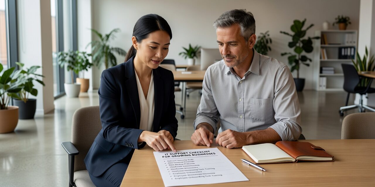 A practical IT support checklist for growing businesses—covering help desk, network reliability, cybersecurity, backups, and IT planning essentials.