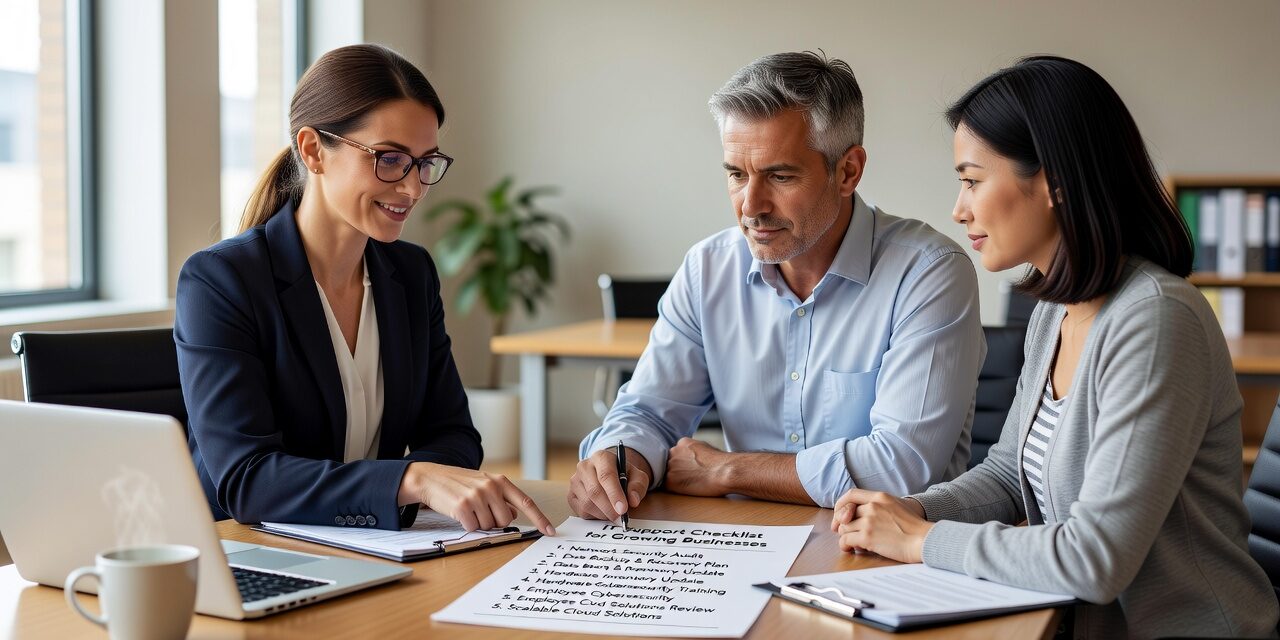 A practical IT support checklist for growing businesses covering backups, security, help desk, vendors, and network reliability—without the technical jargon.
