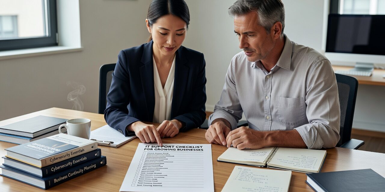 IT Support Checklist for Growing Businesses Featured Image A practical IT support checklist for growing businesses covering help desk, cybersecurity, backup, network reliability, and technology planning.